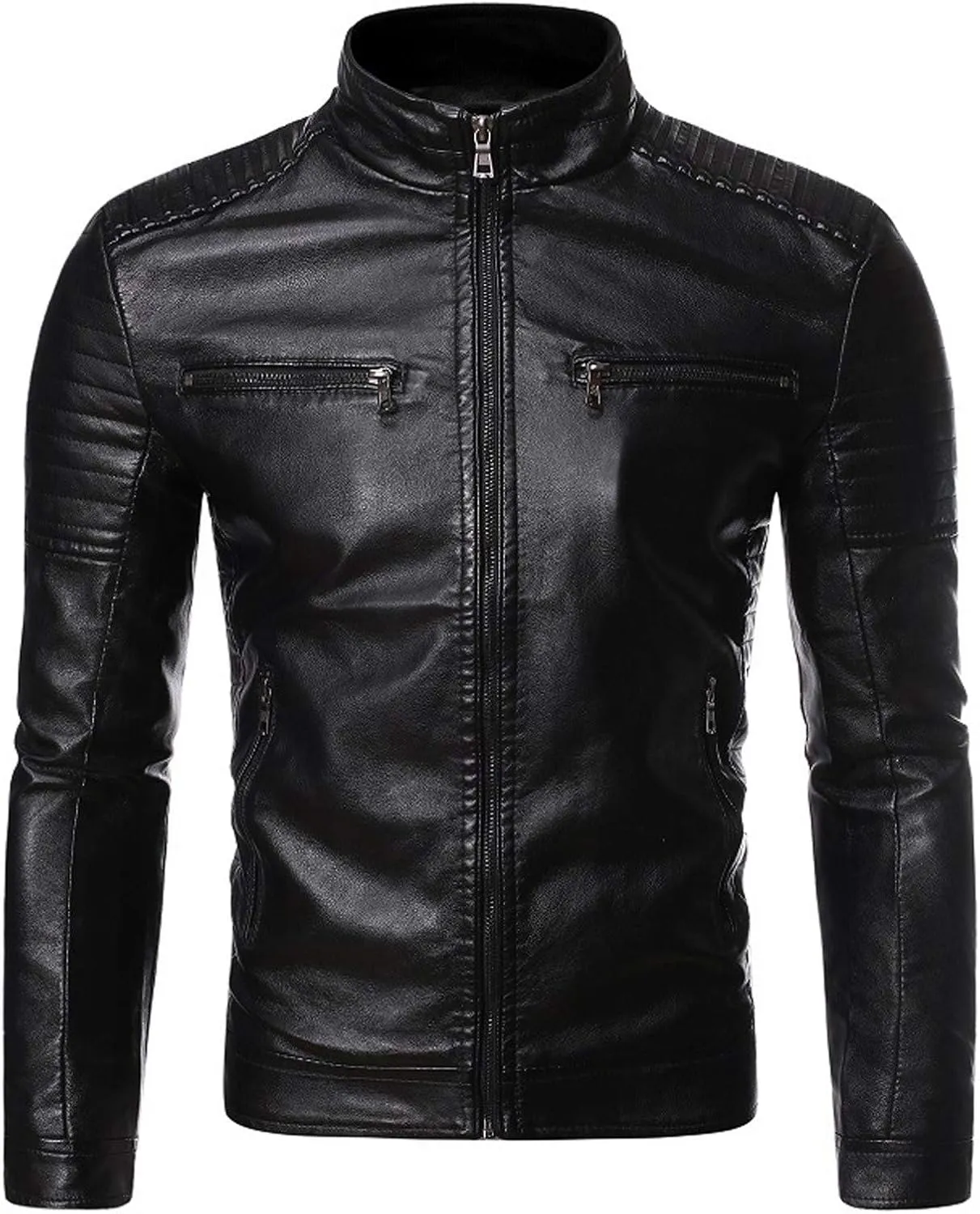 DuDubaby Winter Men's Casual Stand Collar Leather Jacket Coat