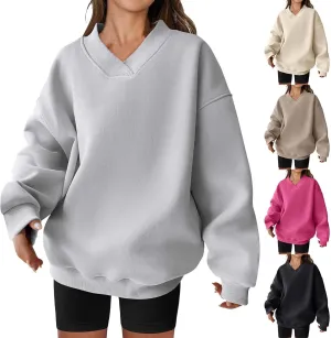 Fall Sweatshirts for Women Oversized Loose Fit V Neck Long Sleeve Solid Color Sweatshirts Fashion Workout Pullovers