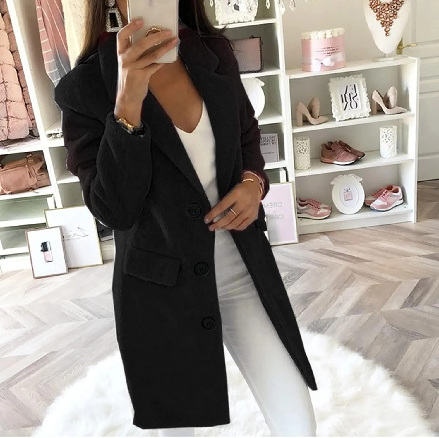 Fall Trench Coats for Women 2024 Casual Notch Lapel Single-Breasted Pea Coats Wool Blend Warm Winter Coats