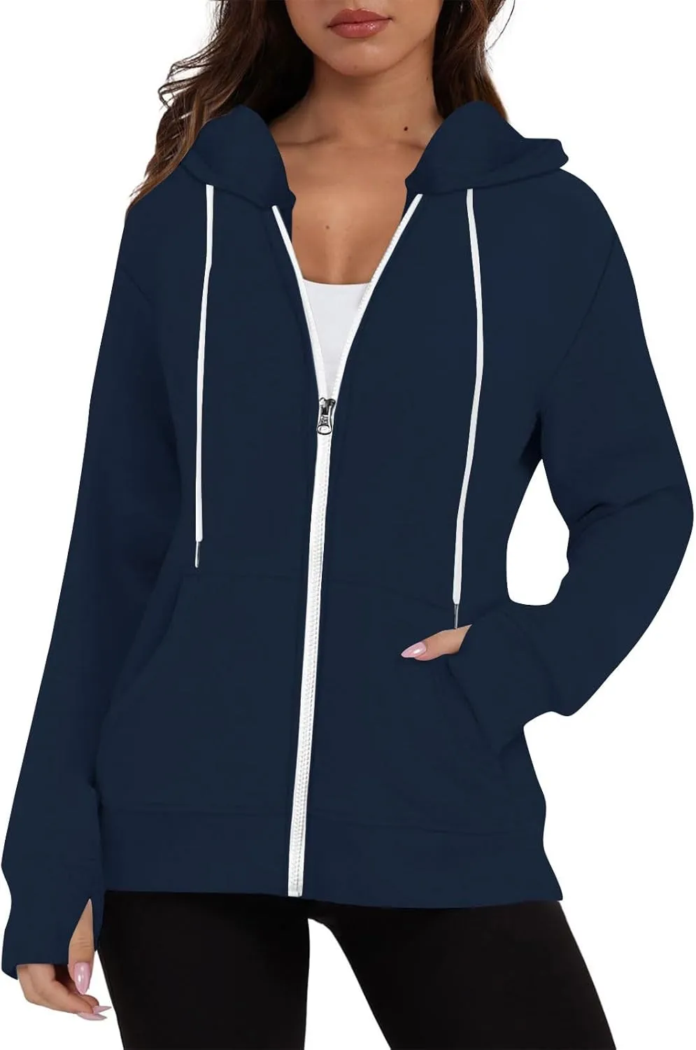 Fall Winter Hooded Jacket for Women Casual Long Sleeve Drawstring Coats with Pocket Trendy Zipper Thumb Hole Jacket