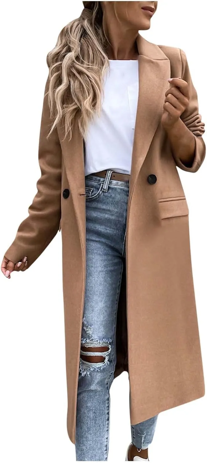 fartey Womens Wool Blend Winter Coats Casual Notch Lapel Double-Breasted Trench Coat Mid Long Length Peacoat Overcoats