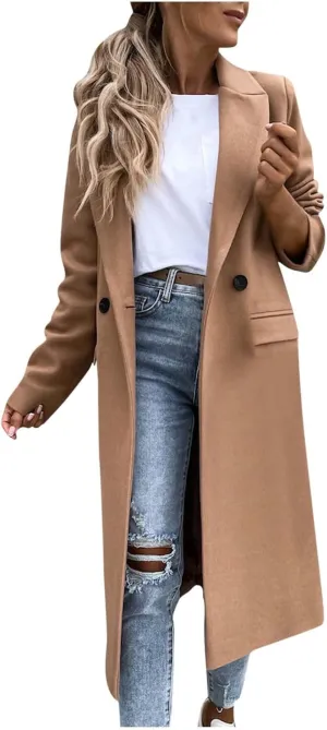 fartey Womens Wool Blend Winter Coats Casual Notch Lapel Double-Breasted Trench Coat Mid Long Length Peacoat Overcoats
