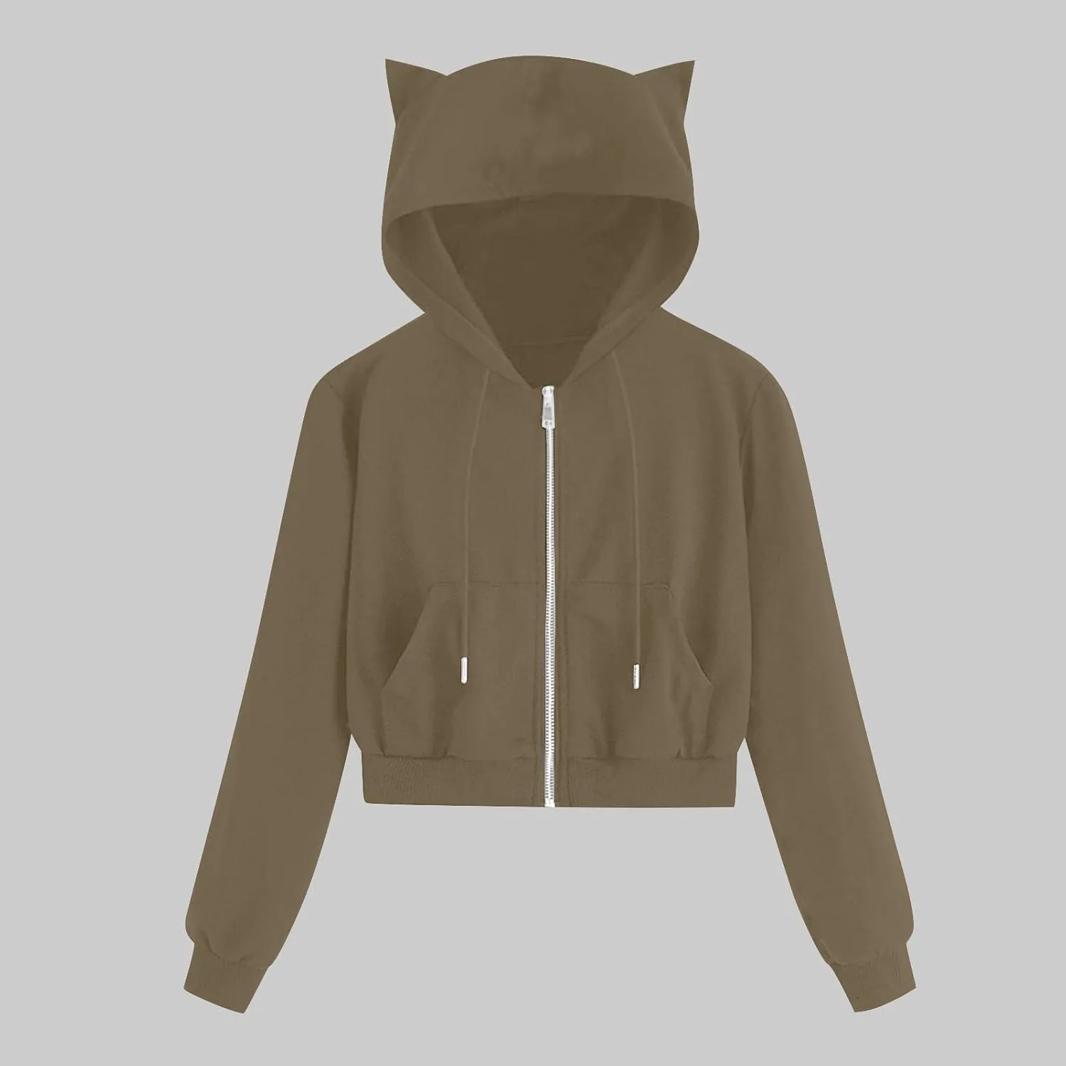 Fashion Hoodies Coats for Women Casual Solid Color Long Sleeve Cropped Zip Up Jackets Fall Loose Cat Hooded Hoodies