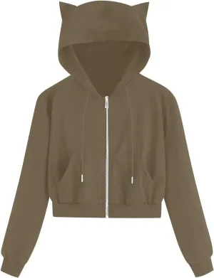 Fashion Hoodies Coats for Women Casual Solid Color Long Sleeve Cropped Zip Up Jackets Fall Loose Cat Hooded Hoodies