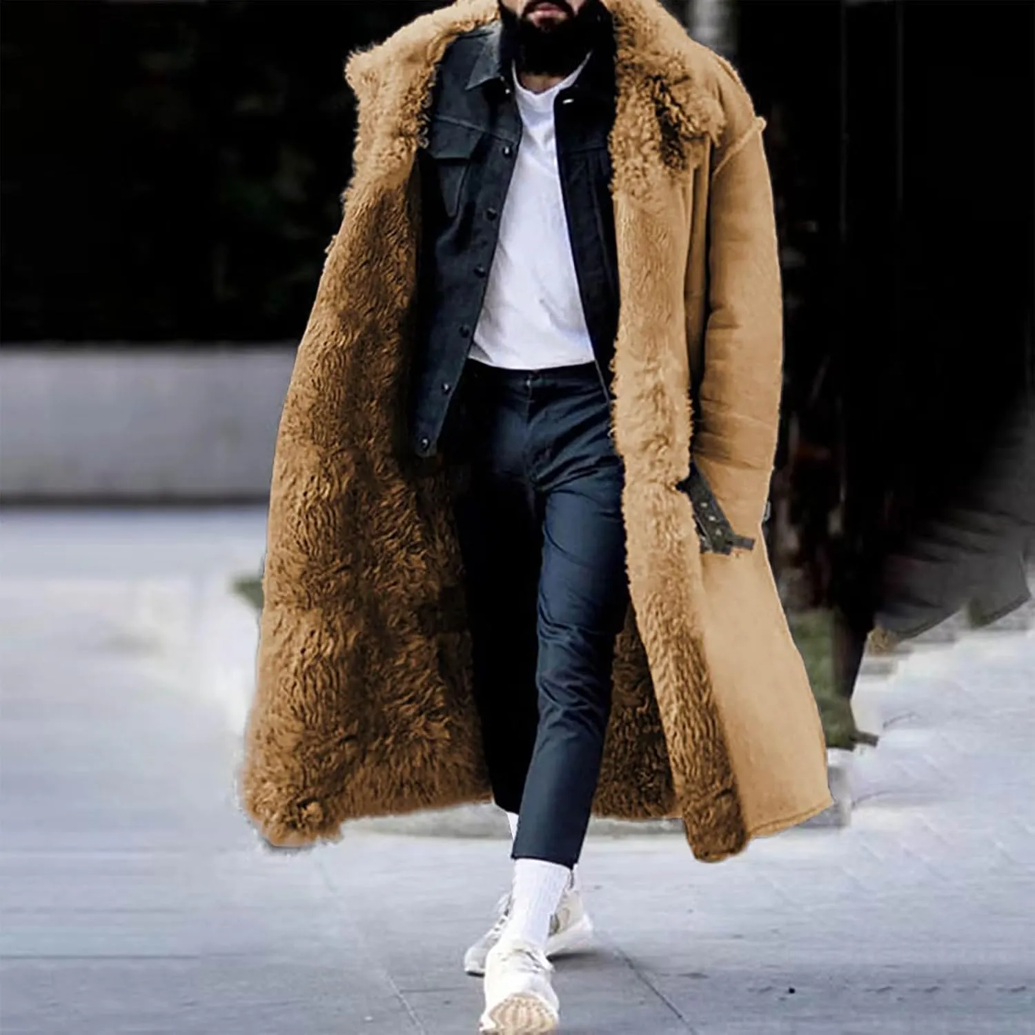 Faux Fur Coat Men, Mens Fur Collar Suede Leather Trench Coat Winter Sherpa Lined Shearling Sheepskin Leather Jackets