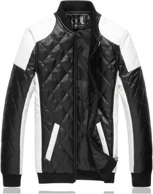 Faux Leather Jacket Mens Full Zip Quilted Racer Motorcycle PU Leather Black Vintage Biker Jacket with Pockets