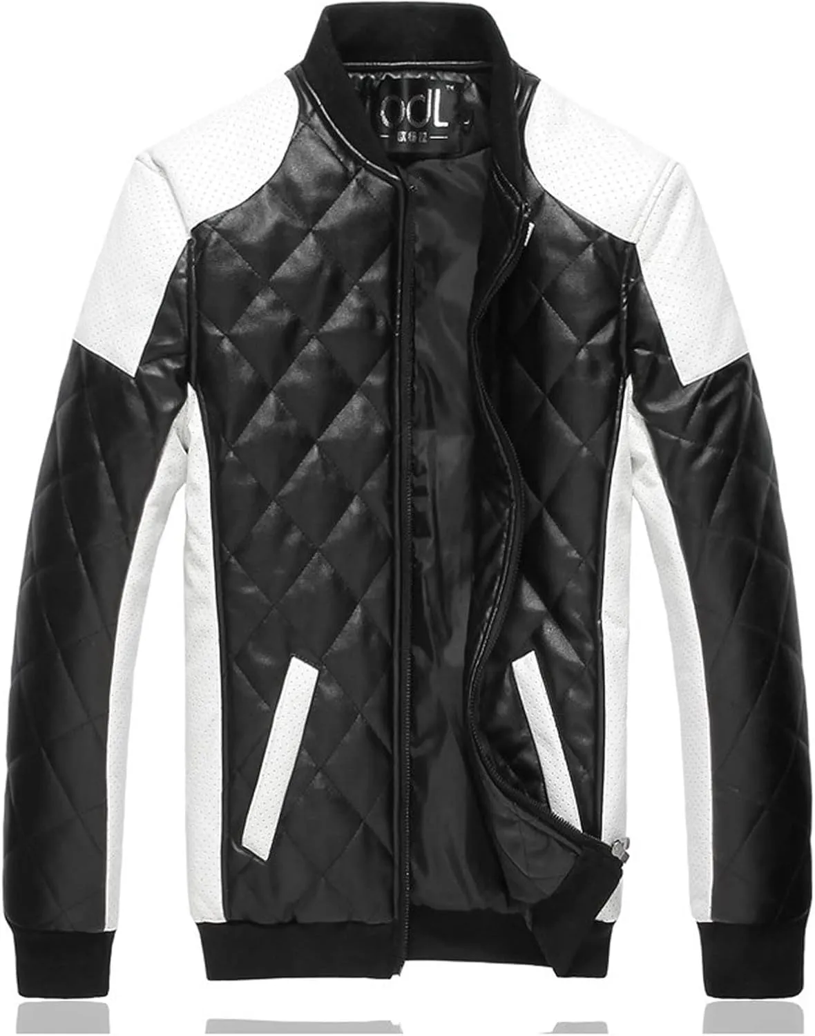 Faux Leather Jacket Mens Full Zip Quilted Racer Motorcycle PU Leather Black Vintage Biker Jacket with Pockets