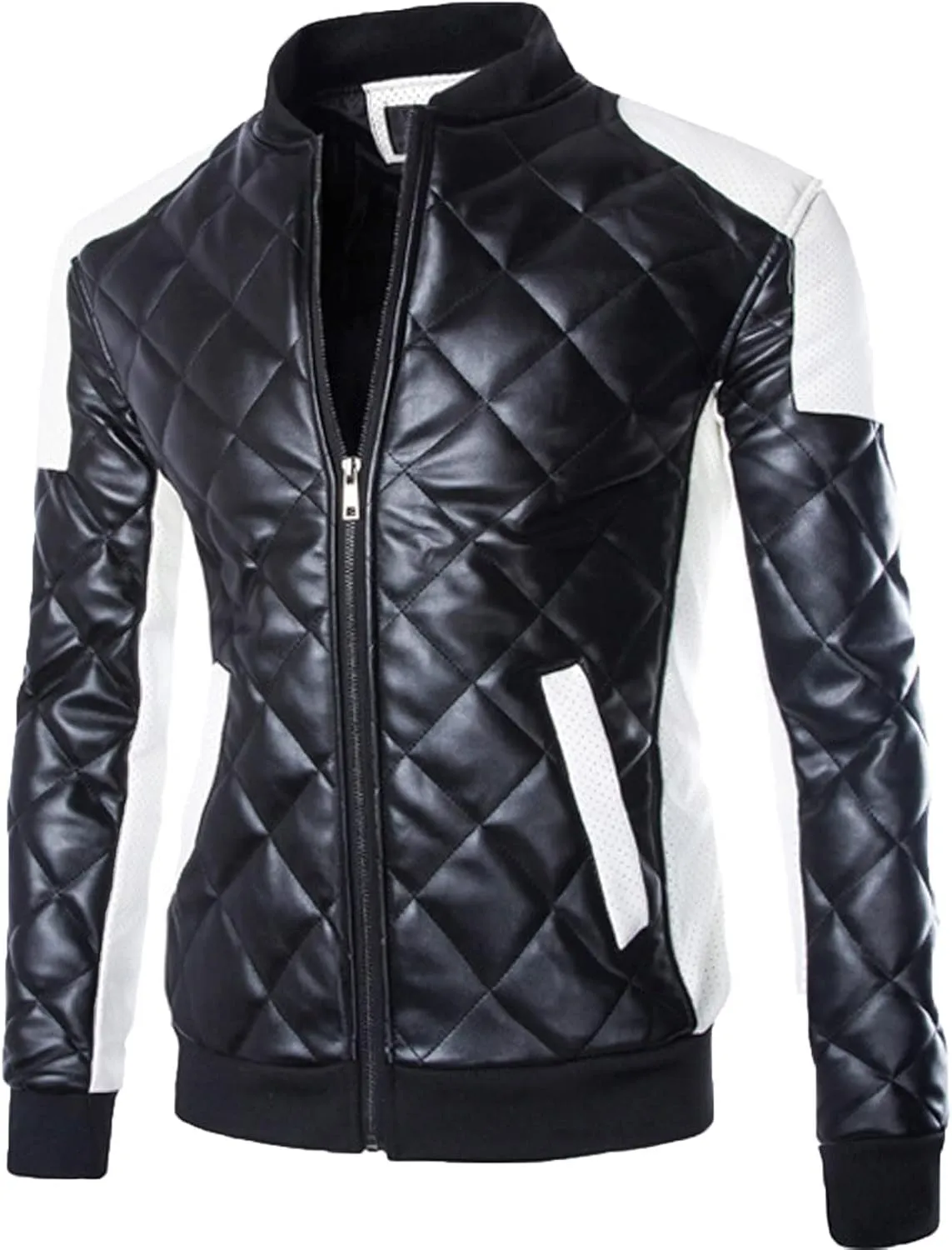 Faux Leather Jacket Mens Full Zip Quilted Racer Motorcycle PU Leather Black Vintage Biker Jacket with Pockets