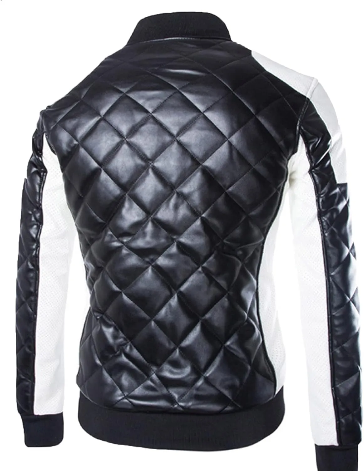 Faux Leather Jacket Mens Full Zip Quilted Racer Motorcycle PU Leather Black Vintage Biker Jacket with Pockets