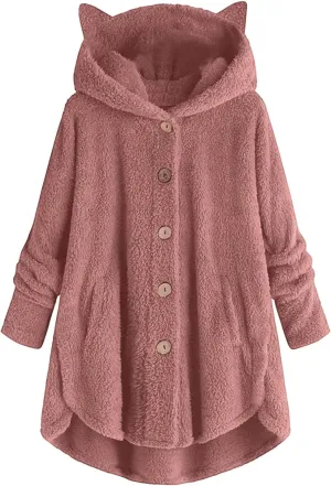 Fleece Jackets for Women,Women Plus Size Button Plush Tops Hooded Patchwork Loose Cardigan Wool Coat Winter Jacket