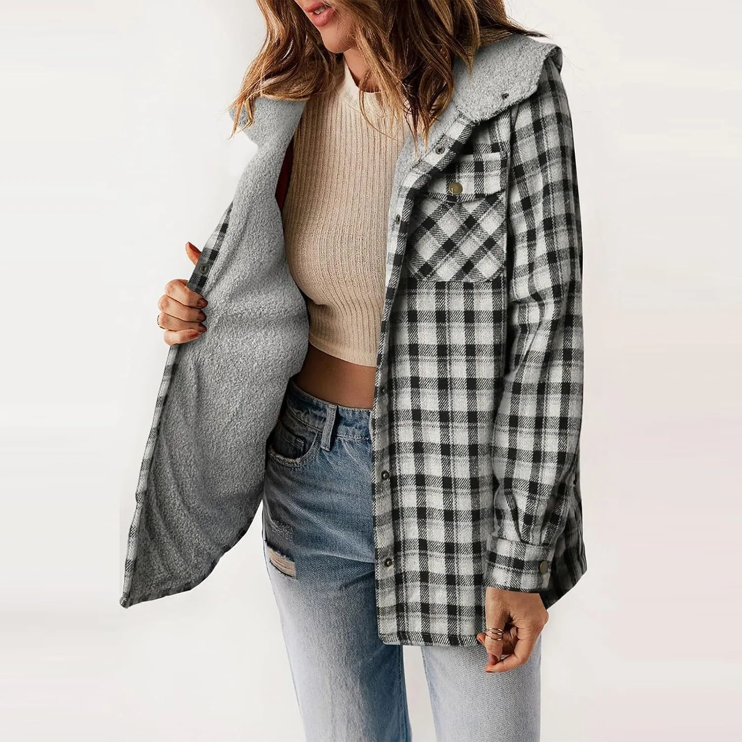 Fleece Plaid Coat for Women Button Down Long Sleeve Hooded Shacket Jacket Casual Plush Warm Coat with Pocket