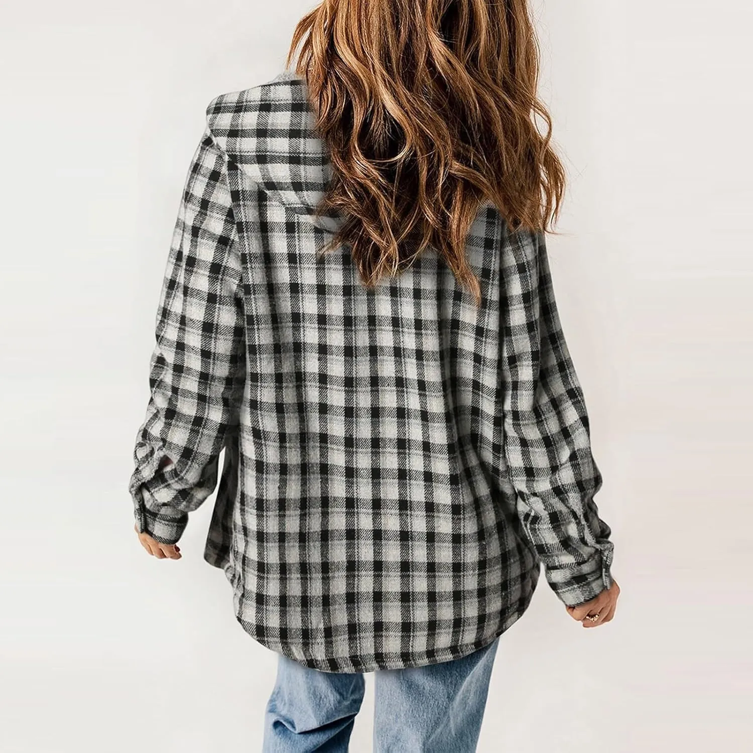 Fleece Plaid Coat for Women Button Down Long Sleeve Hooded Shacket Jacket Casual Plush Warm Coat with Pocket