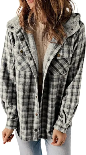 Fleece Plaid Coat for Women Button Down Long Sleeve Hooded Shacket Jacket Casual Plush Warm Coat with Pocket