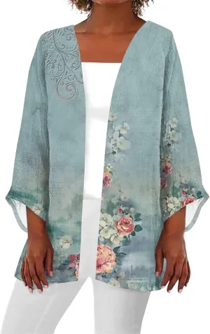 FlekmanArt Kimonos for Women Casual 3/4 Sleeve Print Open Front Cardigan Resort Wear Trendy Flowy Lightweight Dressy Jacket