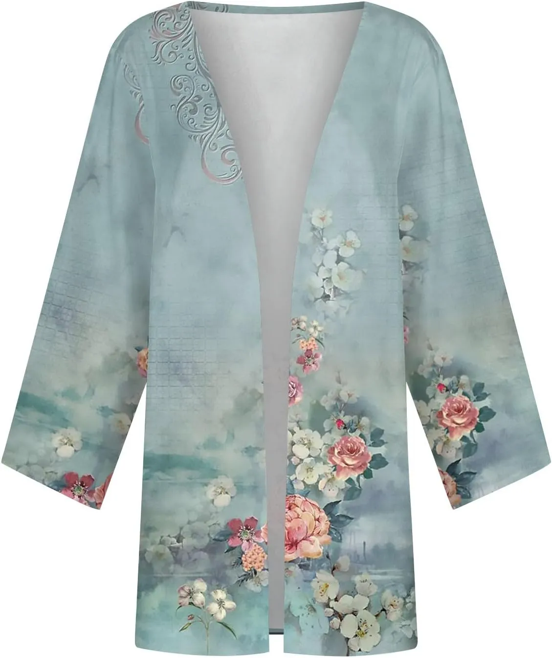 FlekmanArt Kimonos for Women Casual 3/4 Sleeve Print Open Front Cardigan Resort Wear Trendy Flowy Lightweight Dressy Jacket