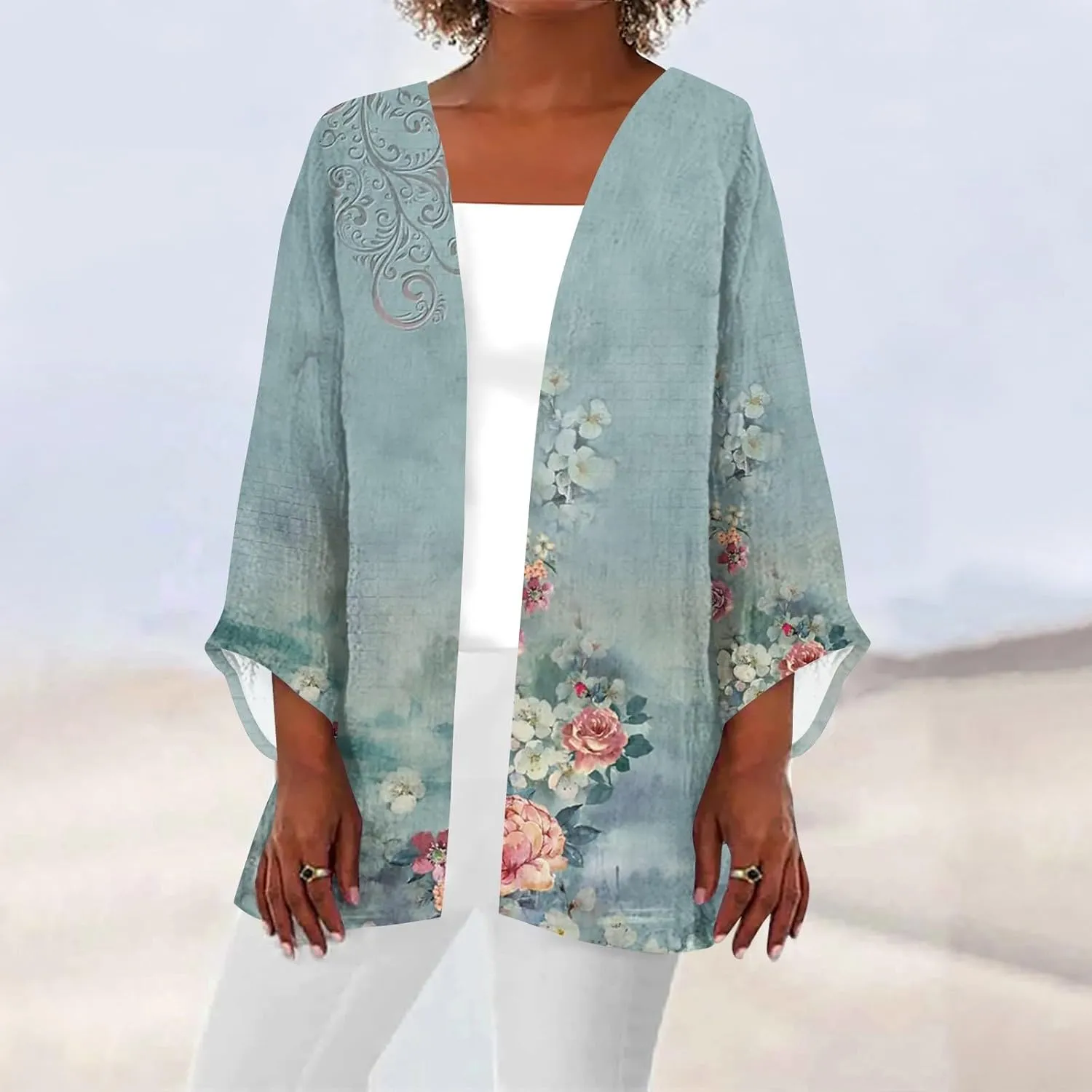 FlekmanArt Kimonos for Women Casual 3/4 Sleeve Print Open Front Cardigan Resort Wear Trendy Flowy Lightweight Dressy Jacket