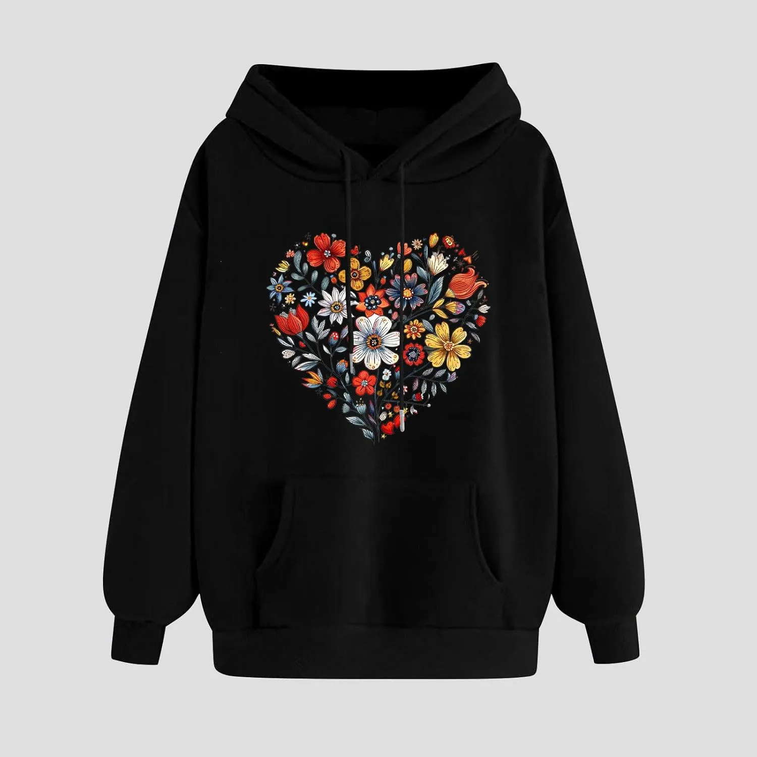Floral Heart Graphic Hoodie for Women Pullover Casual Hooded Sweatshirt Soft Fleece Fall Winter Cozy Fashion Top