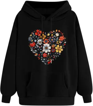 Floral Heart Graphic Hoodie for Women Pullover Casual Hooded Sweatshirt Soft Fleece Fall Winter Cozy Fashion Top