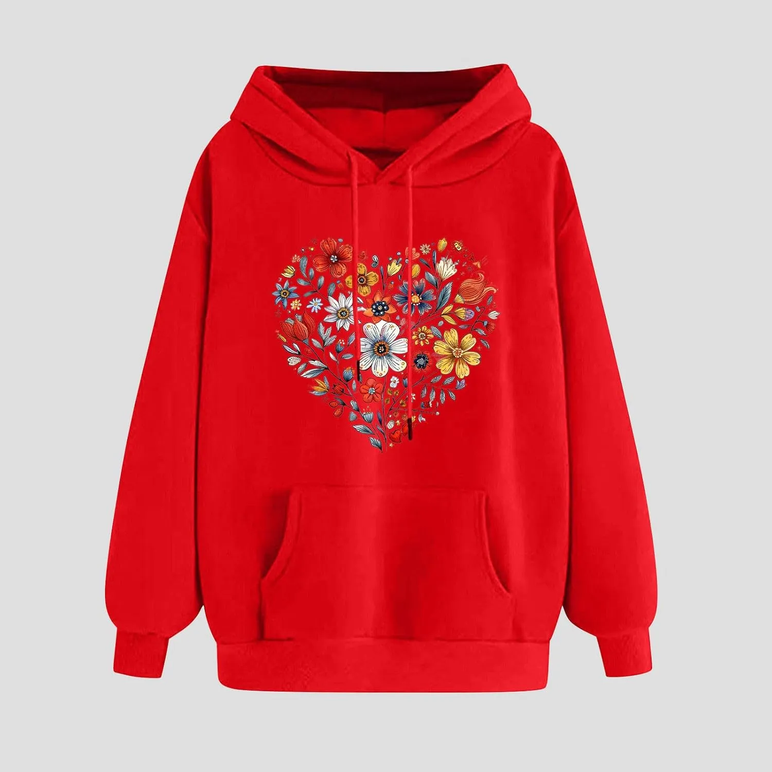 Floral Heart Graphic Hoodie for Women Pullover Casual Hooded Sweatshirt Soft Fleece Fall Winter Cozy Fashion Top