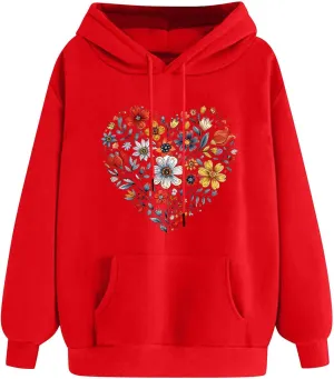 Floral Heart Graphic Hoodie for Women Pullover Casual Hooded Sweatshirt Soft Fleece Fall Winter Cozy Fashion Top