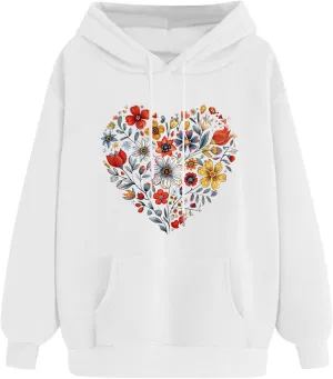 Floral Heart Graphic Hoodie for Women Pullover Casual Hooded Sweatshirt Soft Fleece Fall Winter Cozy Fashion Top