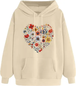 Floral Heart Graphic Hoodie for Women Pullover Casual Hooded Sweatshirt Soft Fleece Fall Winter Cozy Fashion Top