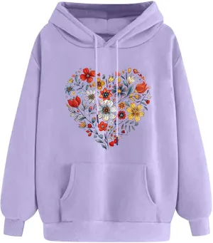 Floral Heart Graphic Hoodie for Women Pullover Casual Hooded Sweatshirt Soft Fleece Fall Winter Cozy Fashion Top