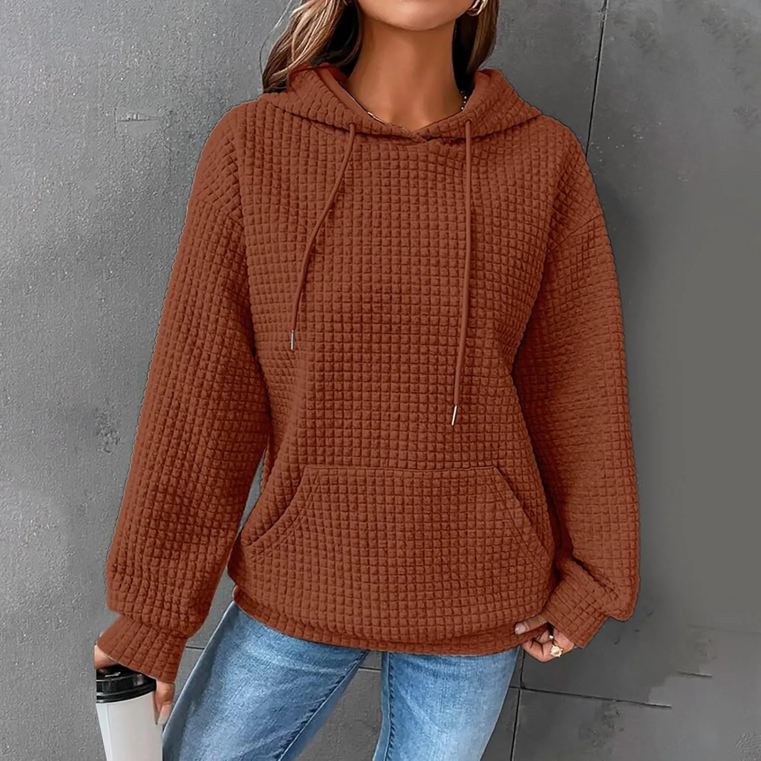 GIERIDUC Womens Oversized Hoodies Fall Winter Casual Waffle Plaid Sweatshirt Pockets Long Sleeve Drawstring Hooded Pullover