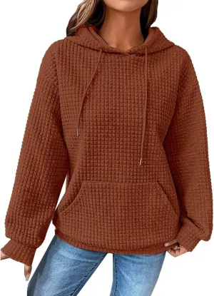 GIERIDUC Womens Oversized Hoodies Fall Winter Casual Waffle Plaid Sweatshirt Pockets Long Sleeve Drawstring Hooded Pullover