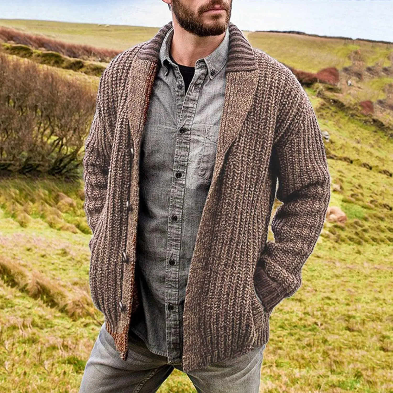 GOKKILRW Mens Shawl Collar Cardigan Sweaters Long Sleeve Fall Winter Cable Knit Button Down Cozy Sweater Pullover Jackets