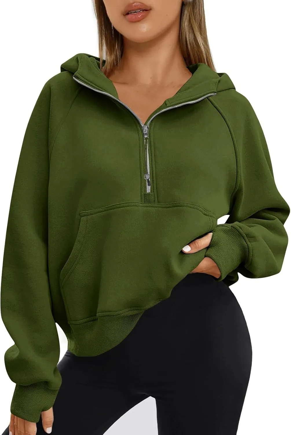 Half Zip Hoodie Women Fleece Long Sleeve Cropped Sweatshirt with Thumb Holes Casual Comfy Tunic Pullover Sweaters