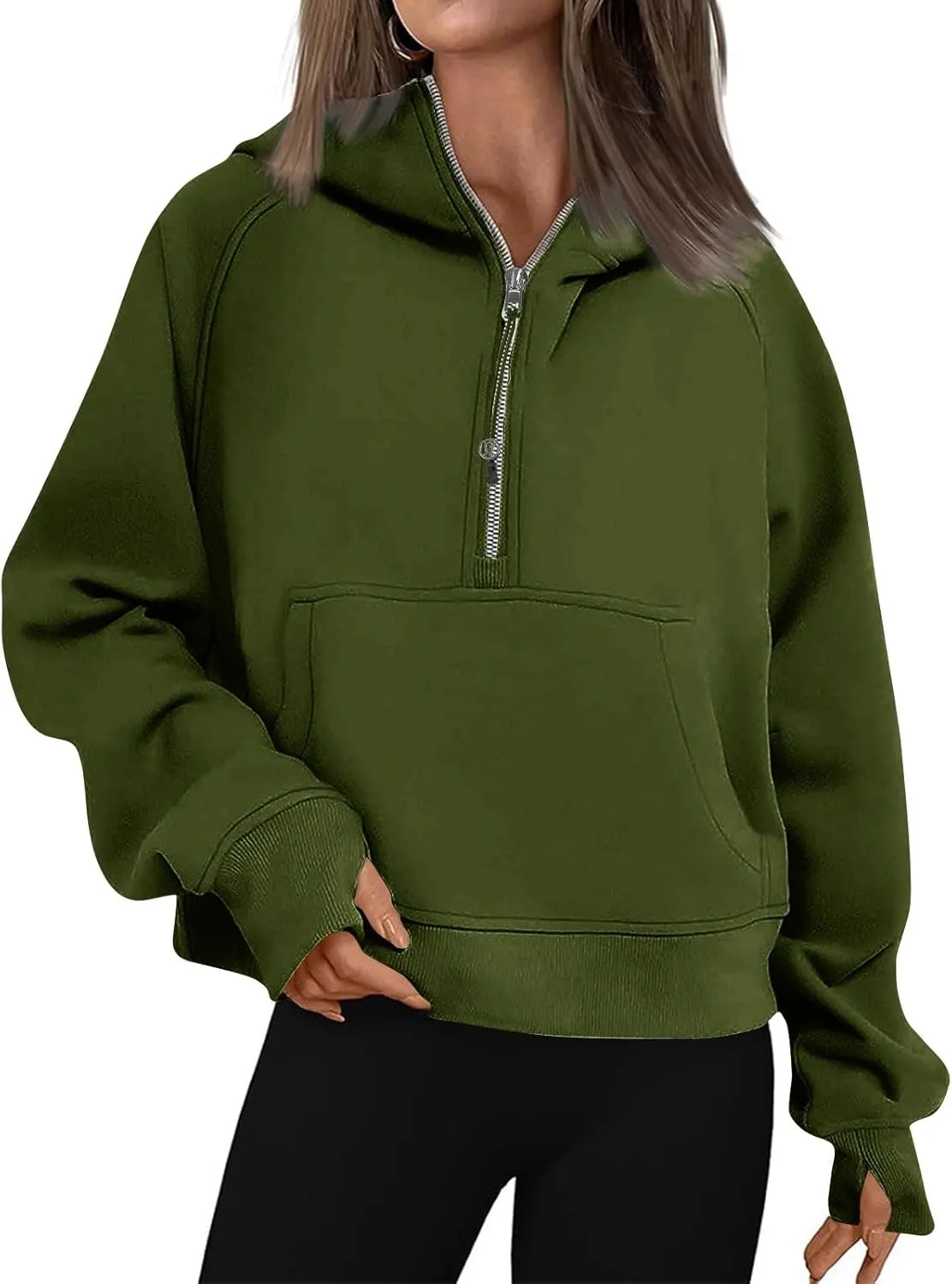 Half Zip Hoodie Women Fleece Long Sleeve Cropped Sweatshirt with Thumb Holes Casual Comfy Tunic Pullover Sweaters