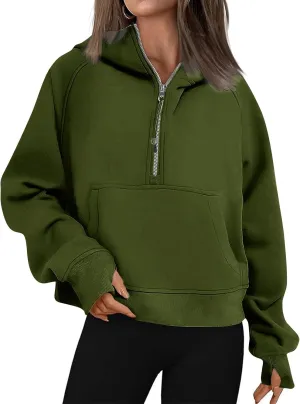 Half Zip Hoodie Women Fleece Long Sleeve Cropped Sweatshirt with Thumb Holes Casual Comfy Tunic Pullover Sweaters