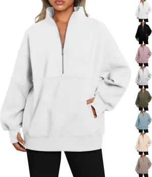 Half Zip Pullover Women Oversized Crewneck Sweatshirts with Pockets Loose Fit Thumb Hole Long Sleeve Sweaters