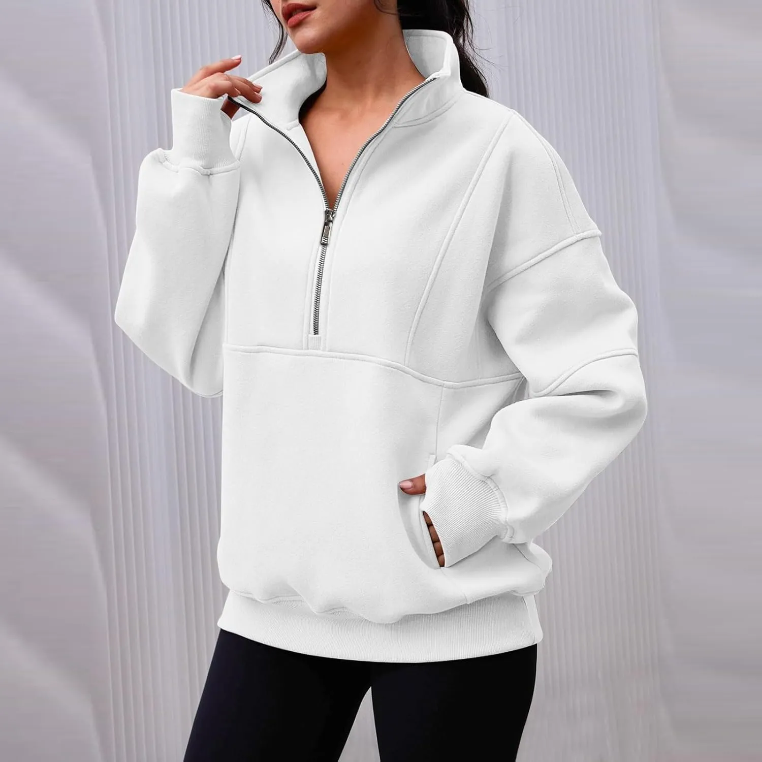 Half Zip Pullover Women Oversized Crewneck Sweatshirts with Pockets Loose Fit Thumb Hole Long Sleeve Sweaters