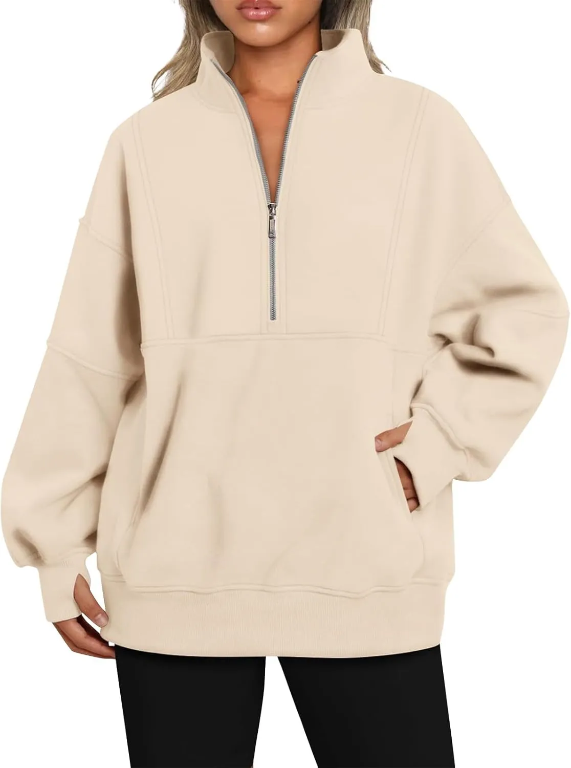Half Zip Pullover Women Oversized Crewneck Sweatshirts with Pockets Loose Fit Thumb Hole Long Sleeve Sweaters