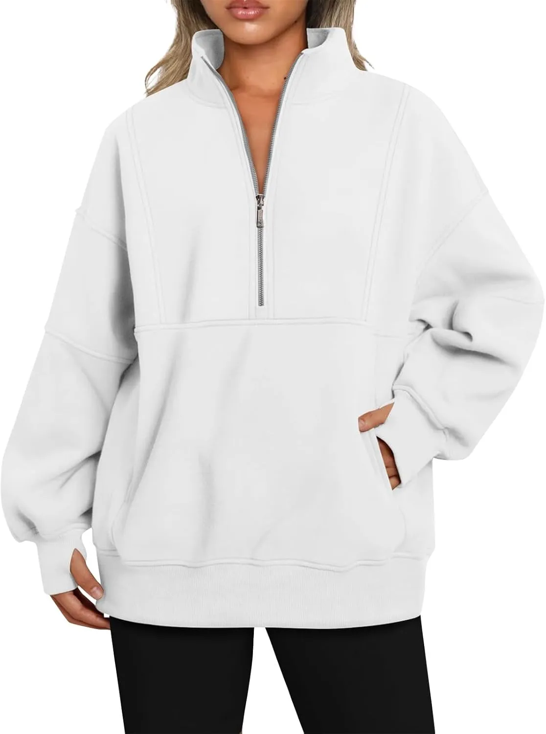 Half Zip Pullover Women Oversized Crewneck Sweatshirts with Pockets Loose Fit Thumb Hole Long Sleeve Sweaters