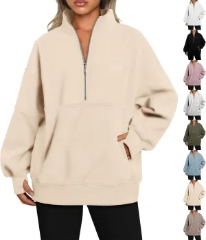Half Zip Pullover Women Oversized Crewneck Sweatshirts with Pockets Loose Fit Thumb Hole Long Sleeve Sweaters