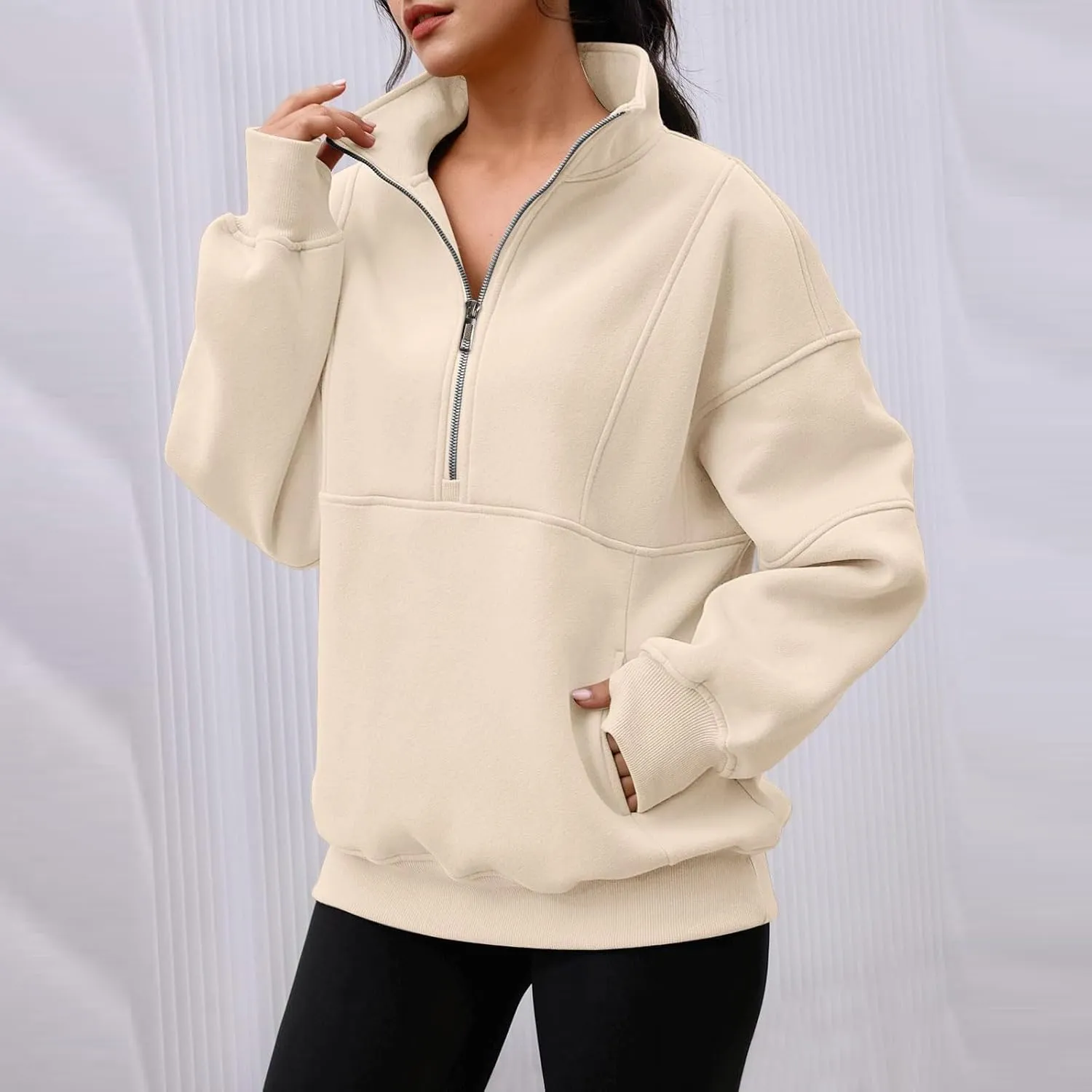 Half Zip Pullover Women Oversized Crewneck Sweatshirts with Pockets Loose Fit Thumb Hole Long Sleeve Sweaters