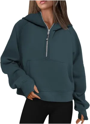 Half Zipper Sweatshirt for Women Stand Collar Fleece Pullover Top Solid Color Cropped T-Shirt Running Sports Blouse
