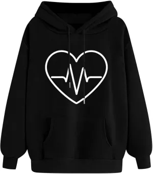 Heart Print Hoodie for Women Casual Pullover Long Sleeve Soft Fleece Relaxed Fit with Hood Lightweight for Dailywear