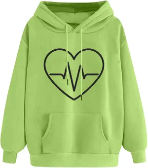 Heart Print Hoodie for Women Casual Pullover Long Sleeve Soft Fleece Relaxed Fit with Hood Lightweight for Dailywear