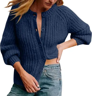 HGps8w Women's Chunky Knit Sweater Cardigans - Elegant Lantern Long Sleeve Loose Button Down Outerwear Coats