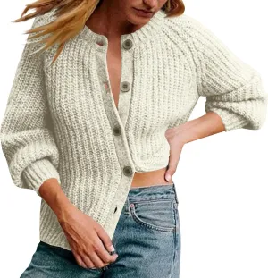 HGps8w Women's Chunky Knit Sweater Cardigans - Elegant Lantern Long Sleeve Loose Button Down Outerwear Coats