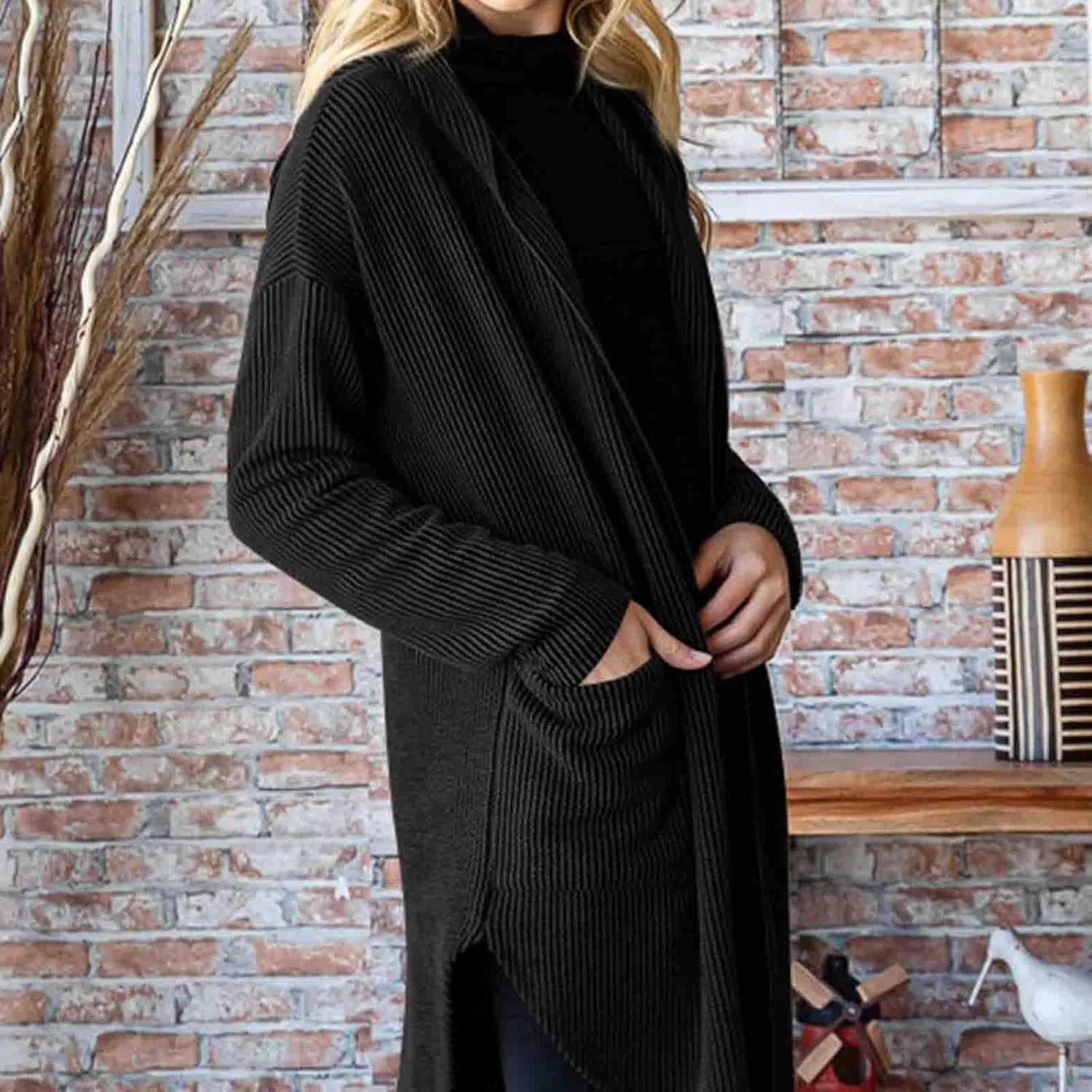 HGps8w Women's Ribbed Knit Hooded Cardigans Open Front Button Up Long Sleeve Fall Winter Sweater Coat Outerwear with Pockets