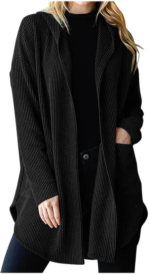 HGps8w Women's Ribbed Knit Hooded Cardigans Open Front Button Up Long Sleeve Fall Winter Sweater Coat Outerwear with Pockets