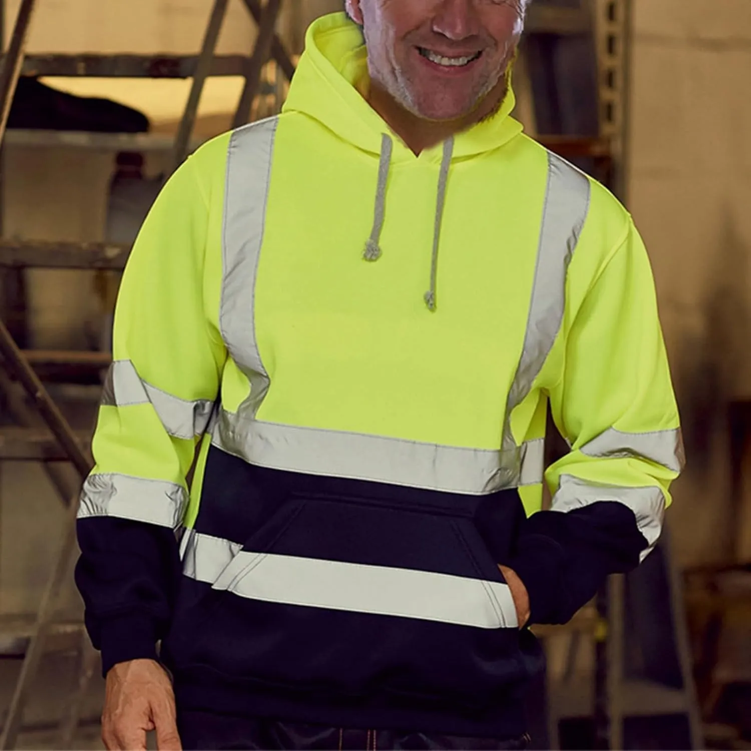 High Visibility Sweatshirt Unisex, Class 3 Hi Vis Safety Hooded Pullover Reflective Sports Hoodie with Black Bottom