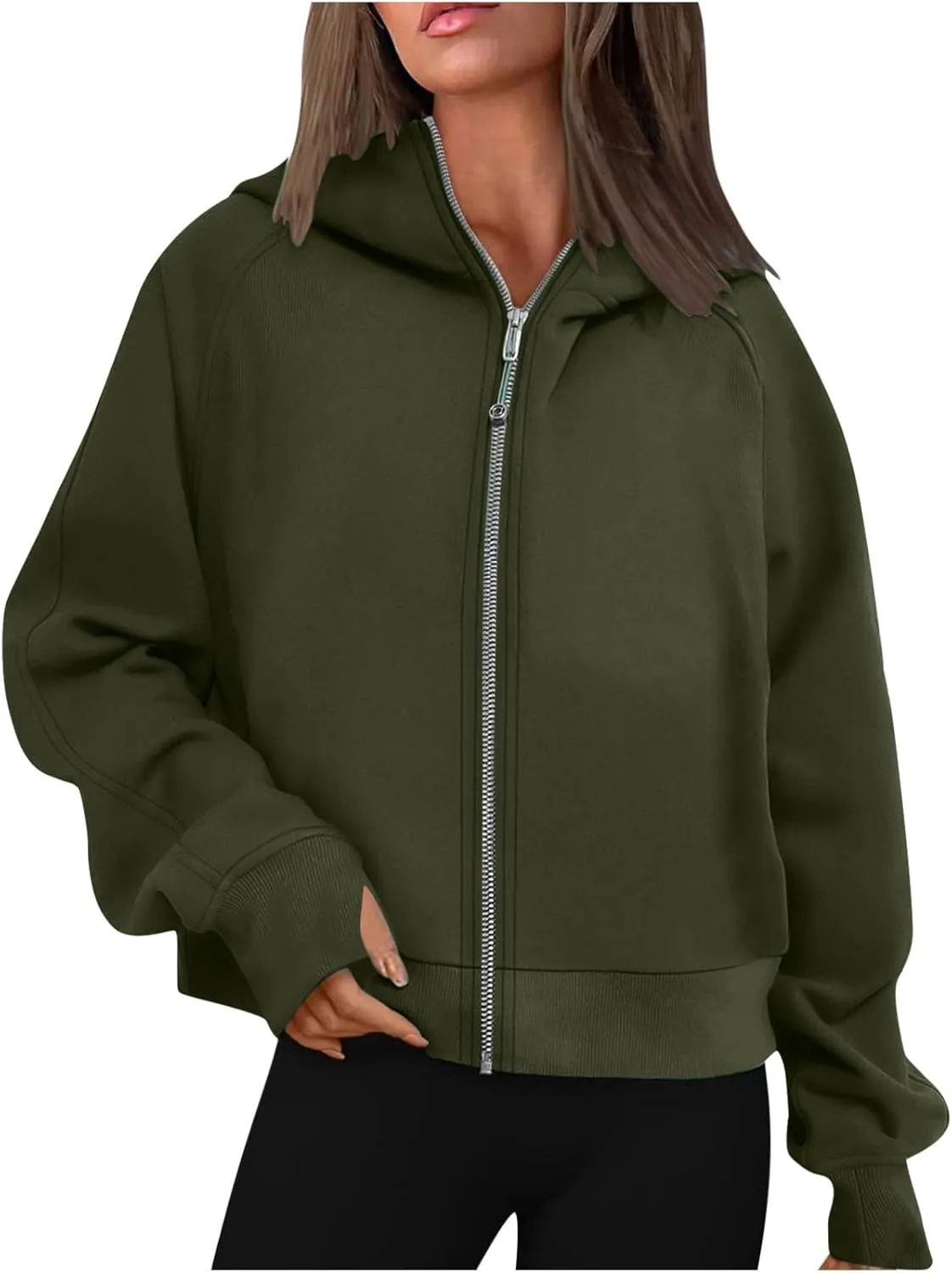 hlysgo Womens Zip Up Hoodie Cropped Sweatshirts Fleece Jackets Fall Outfits Oversized Casual Hoodies with Thumb Holes