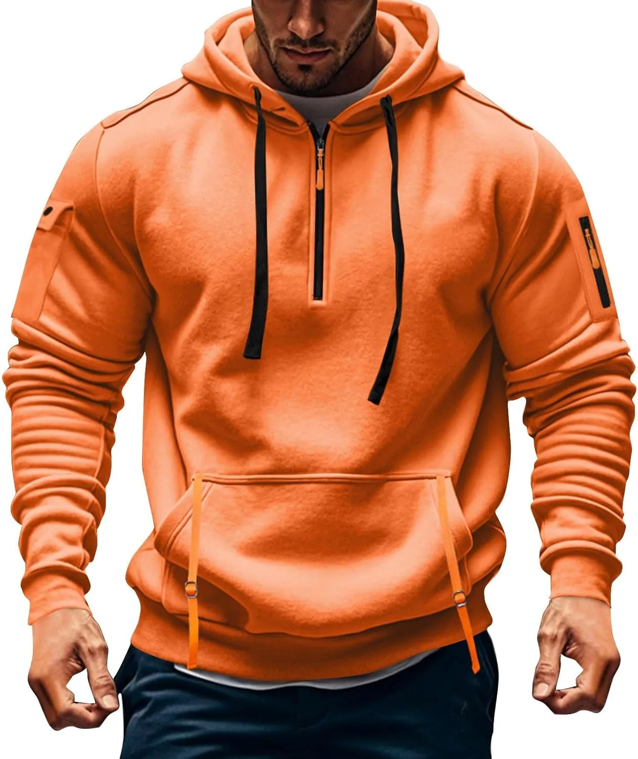 Hoodies for Men Quarter Zip Pullover Tactical Sweatshirt Casual Vintage Long Sleeve Workout Hoodie With Pockets