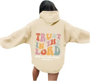 Hoodies For Women Graphic Trust In The Lord Christian Shape Print Winter Outfit With Pocket Drawstring Soft Casual Pullover